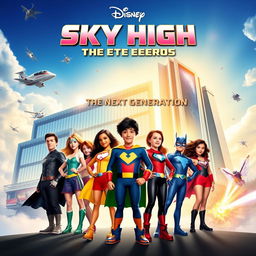 A dynamic movie poster for the sequel to Disney's 'Sky High: Escuela de Héroes', featuring a new generation of teenage superheroes at a futuristic high school for heroes