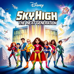 A dynamic movie poster for the sequel to Disney's 'Sky High: Escuela de Héroes', featuring a new generation of teenage superheroes at a futuristic high school for heroes
