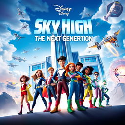A dynamic movie poster for the sequel to Disney's 'Sky High: Escuela de Héroes', featuring a new generation of teenage superheroes at a futuristic high school for heroes