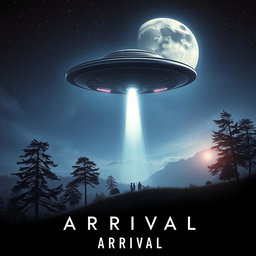 A stunning movie poster depicting an alien spaceship landing on Earth, with a dramatic night sky filled with stars and a large moon illuminating the scene