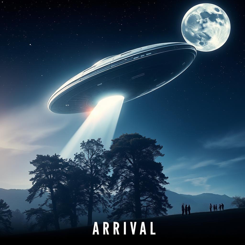 A stunning movie poster depicting an alien spaceship landing on Earth, with a dramatic night sky filled with stars and a large moon illuminating the scene