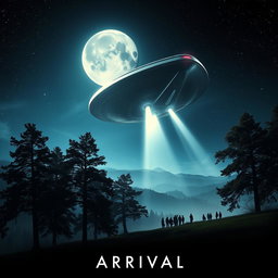 A stunning movie poster depicting an alien spaceship landing on Earth, with a dramatic night sky filled with stars and a large moon illuminating the scene