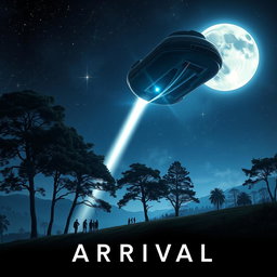 A stunning movie poster depicting an alien spaceship landing on Earth, with a dramatic night sky filled with stars and a large moon illuminating the scene