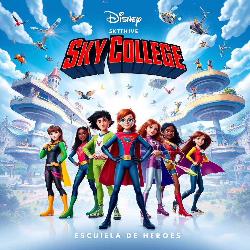 A vibrant movie poster for the sequel to Disney's 'Sky High: Escuela de Héroes', titled 'Sky College'