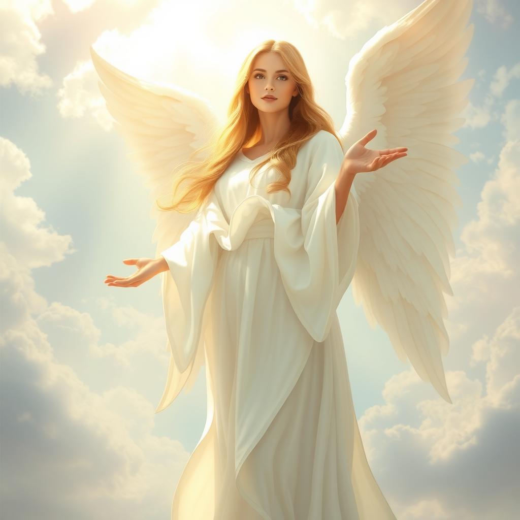A beautiful angel with long flowing hair, dressed in a flowing white robe, ethereal wings shimmering in soft light, surrounded by a celestial glow