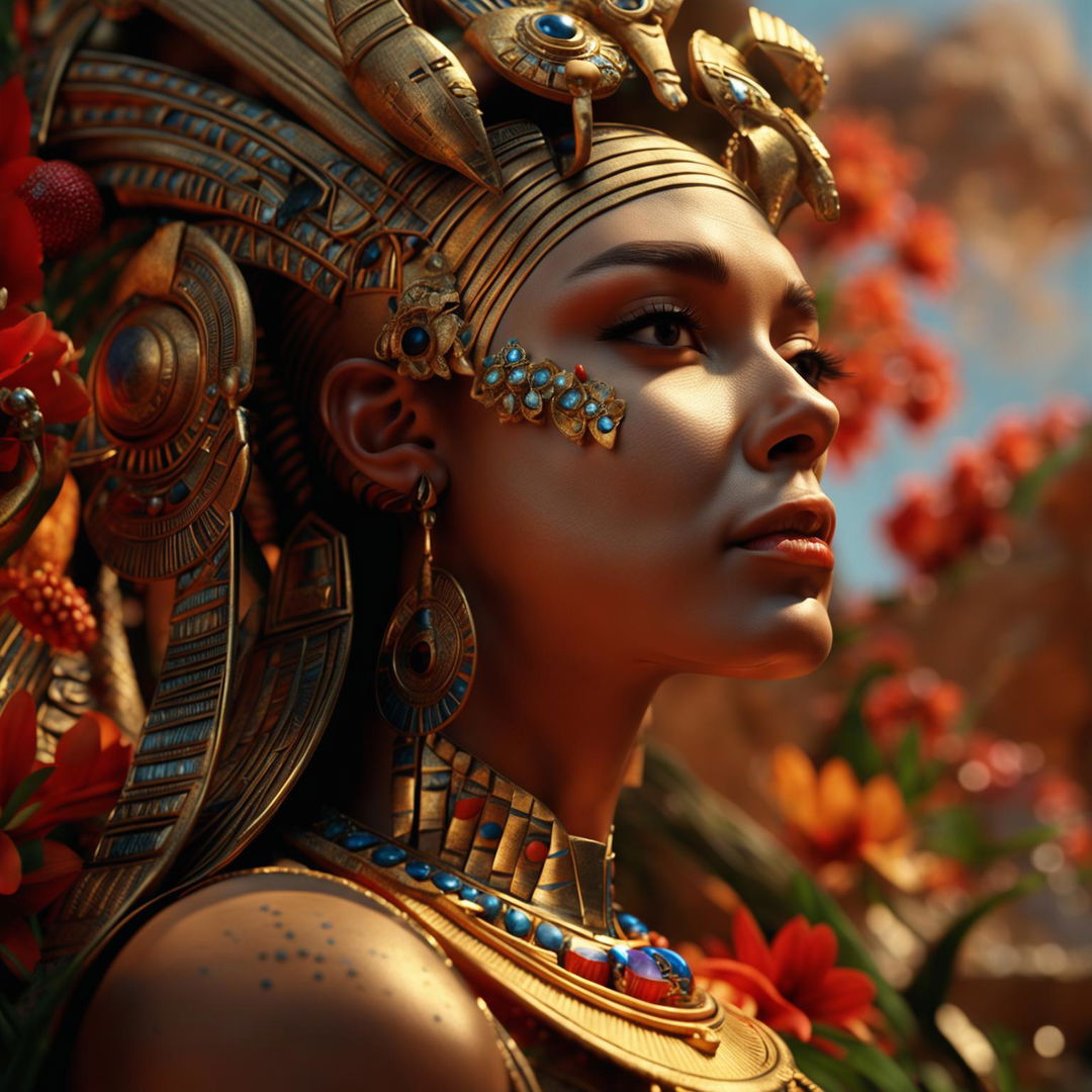 A high-definition, hyper-realistic 3D cinema photograph of an ancient Egyptian queen in a side profile, with an enhanced focus on the realism of her skin