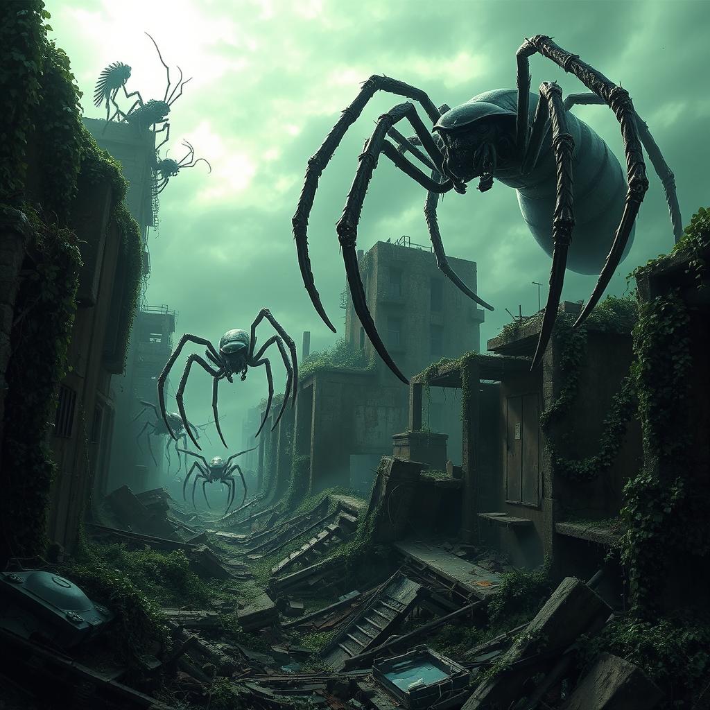 A captivating post-apocalyptic scene depicting a landscape overrun by giant insect and spider-like creatures