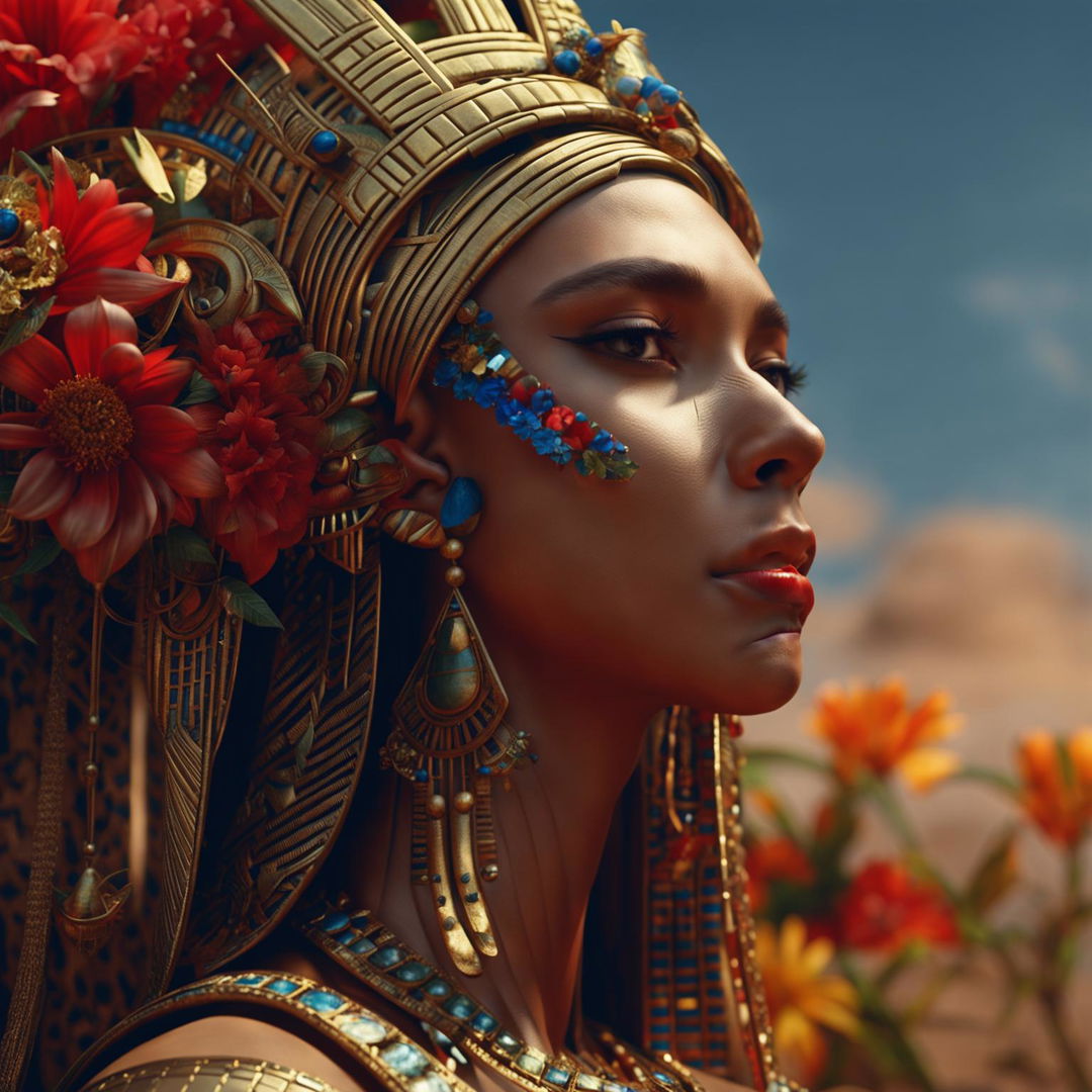 A hyper-realistic 3D cinema photograph of an ancient Egyptian queen in a side profile, with enhanced focus on the realism of her skin