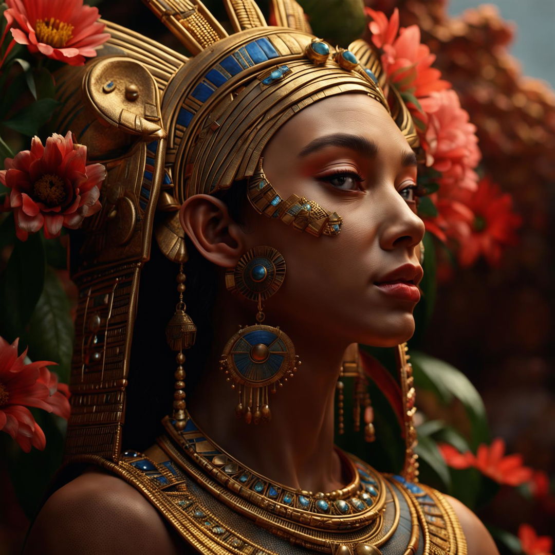 A hyper-realistic 3D cinema photograph of an ancient Egyptian queen in a side profile, with enhanced focus on the realism of her skin