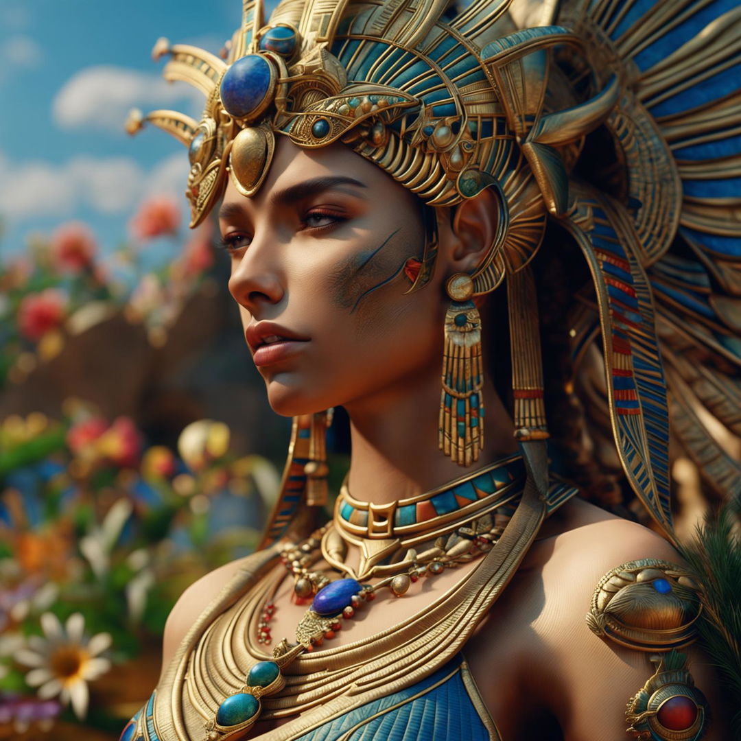 A hyper-realistic 3D cinema photograph of an ancient Egyptian queen in a side profile, zoomed out to reveal more of her surroundings