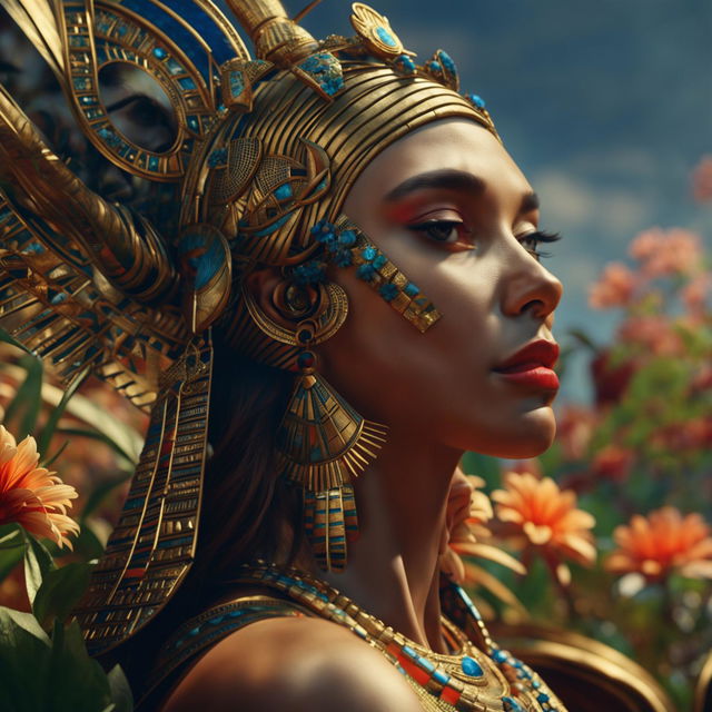 A hyper-realistic 3D cinema photograph of an ancient Egyptian queen in a side profile, zoomed out to reveal more of her surroundings