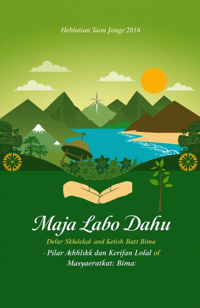 Book cover design for 'Maja Labo Dahu: Pilar Akhlak dan Kearifan Lokal Masyarakat Bima', incorporating elements of nature and culture from Bima, such as mountains, beaches, and traditional motifs of the region
