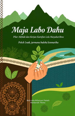Book cover design for 'Maja Labo Dahu: Pilar Akhlak dan Kearifan Lokal Masyarakat Bima', incorporating elements of nature and culture from Bima, such as mountains, beaches, and traditional motifs of the region