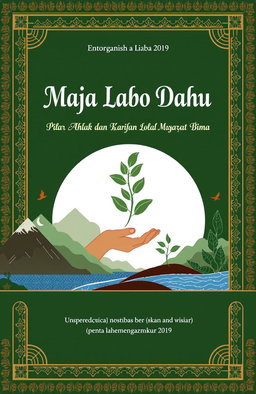 Book cover design for 'Maja Labo Dahu: Pilar Akhlak dan Kearifan Lokal Masyarakat Bima', incorporating elements of nature and culture from Bima, such as mountains, beaches, and traditional motifs of the region