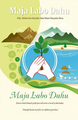 Book cover design for 'Maja Labo Dahu: Pilar Akhlak dan Kearifan Lokal Masyarakat Bima', incorporating elements of nature and culture from Bima, such as mountains, beaches, and traditional motifs of the region