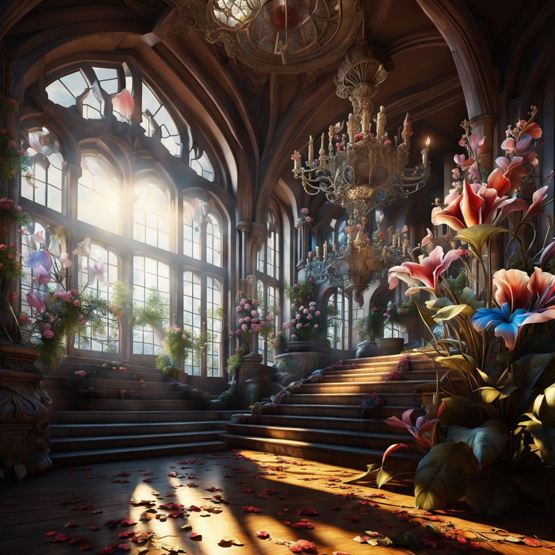 An ultra-high-definition, hyper-realistic 3D render of the interior of an ancient European castle, depicted with even more detail, magnificence, and an abundance of flowers and light