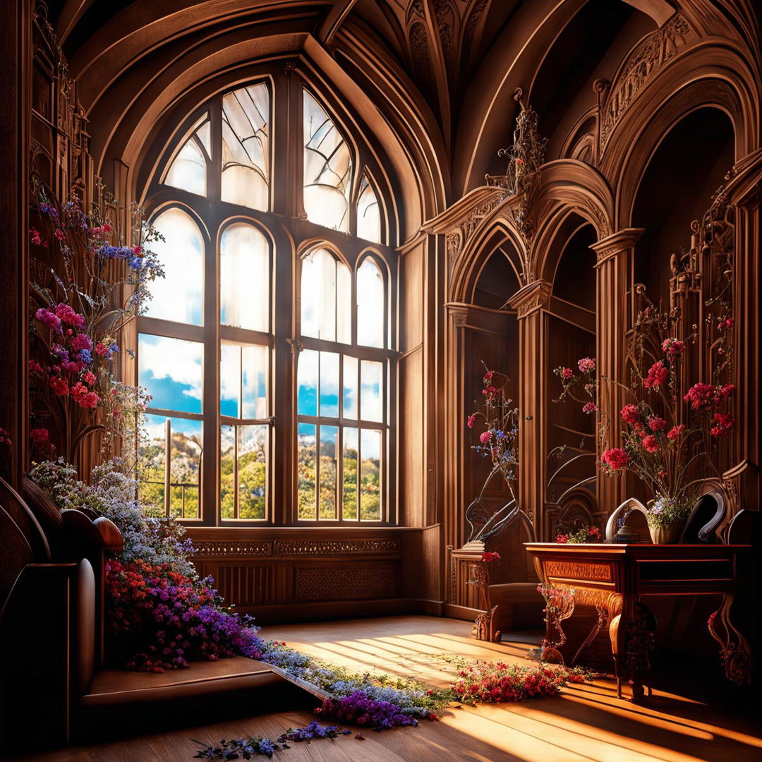 An ultra-high-definition, hyper-realistic 3D render of a different room in an ancient European castle, depicted with a vibrant flower vibe and perfect lighting