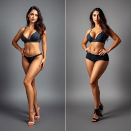 A full-length before and after transformation of a sexy woman, originally weighing 125 pounds, who gains 100 pounds