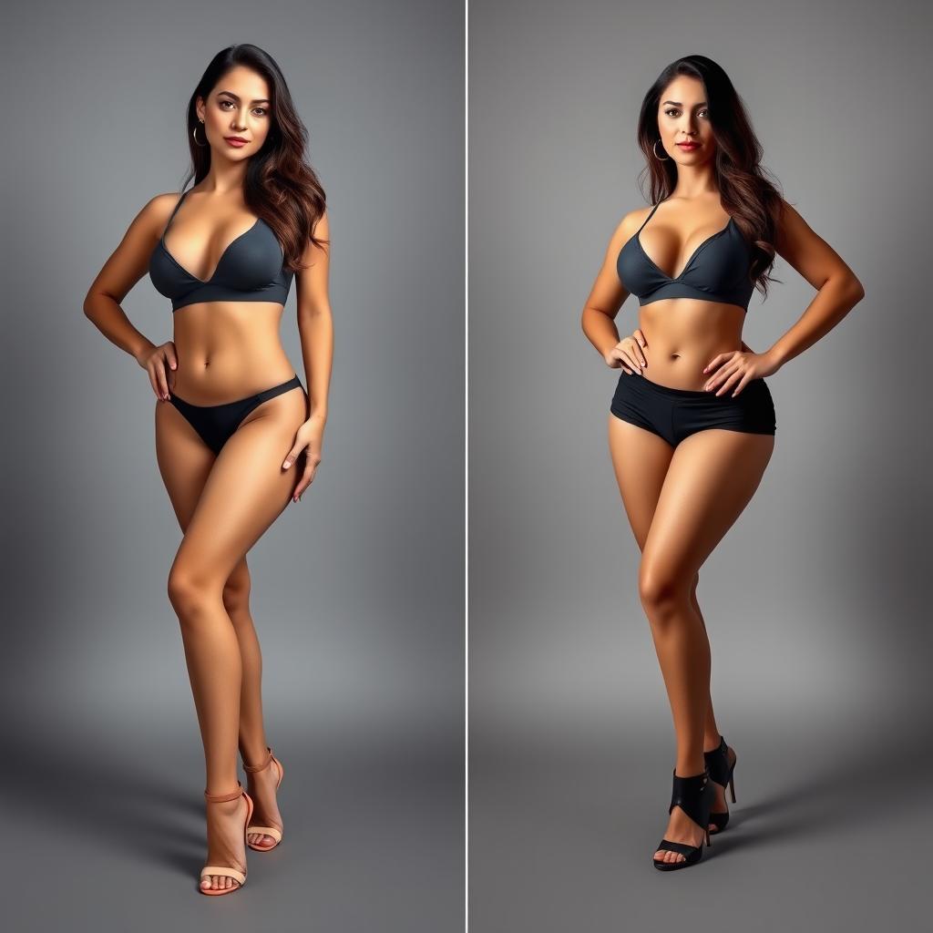 A full-length before and after transformation of a sexy woman, originally weighing 125 pounds, who gains 100 pounds