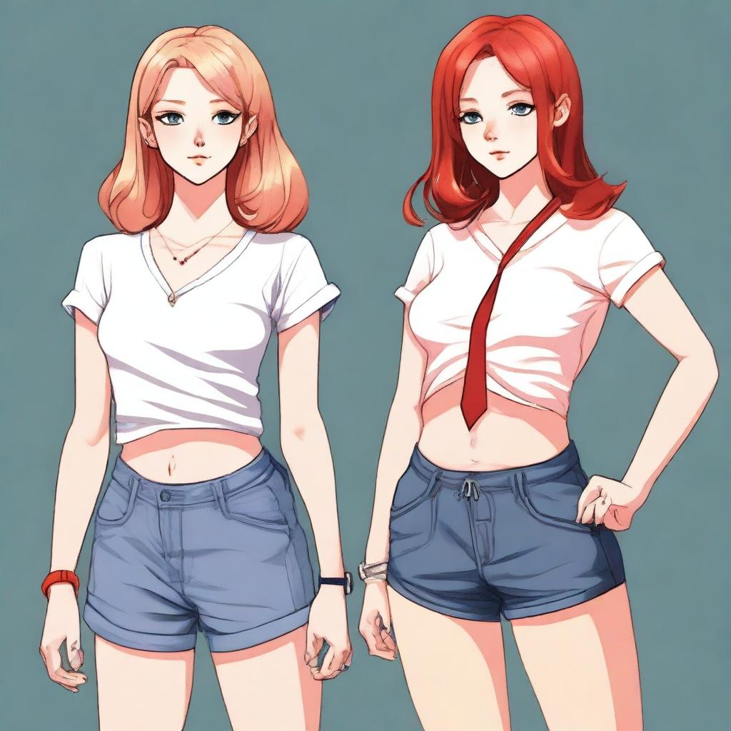 A high-resolution digital art piece showcasing a petite blonde woman in a tie-up crop top, shorts, and necklace standing next to a taller red-haired girl in casual wear