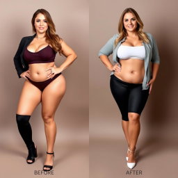 A full-length before and after transformation of a sexy woman, originally weighing 125 pounds, who gains 100 pounds