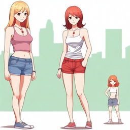 A high-resolution digital art piece showcasing a petite blonde woman in a tie-up crop top, shorts, and necklace standing next to a taller red-haired girl in casual wear