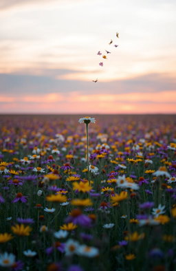 A vast field of wildflowers in full bloom stretching endlessly towards a pastel sunset sky