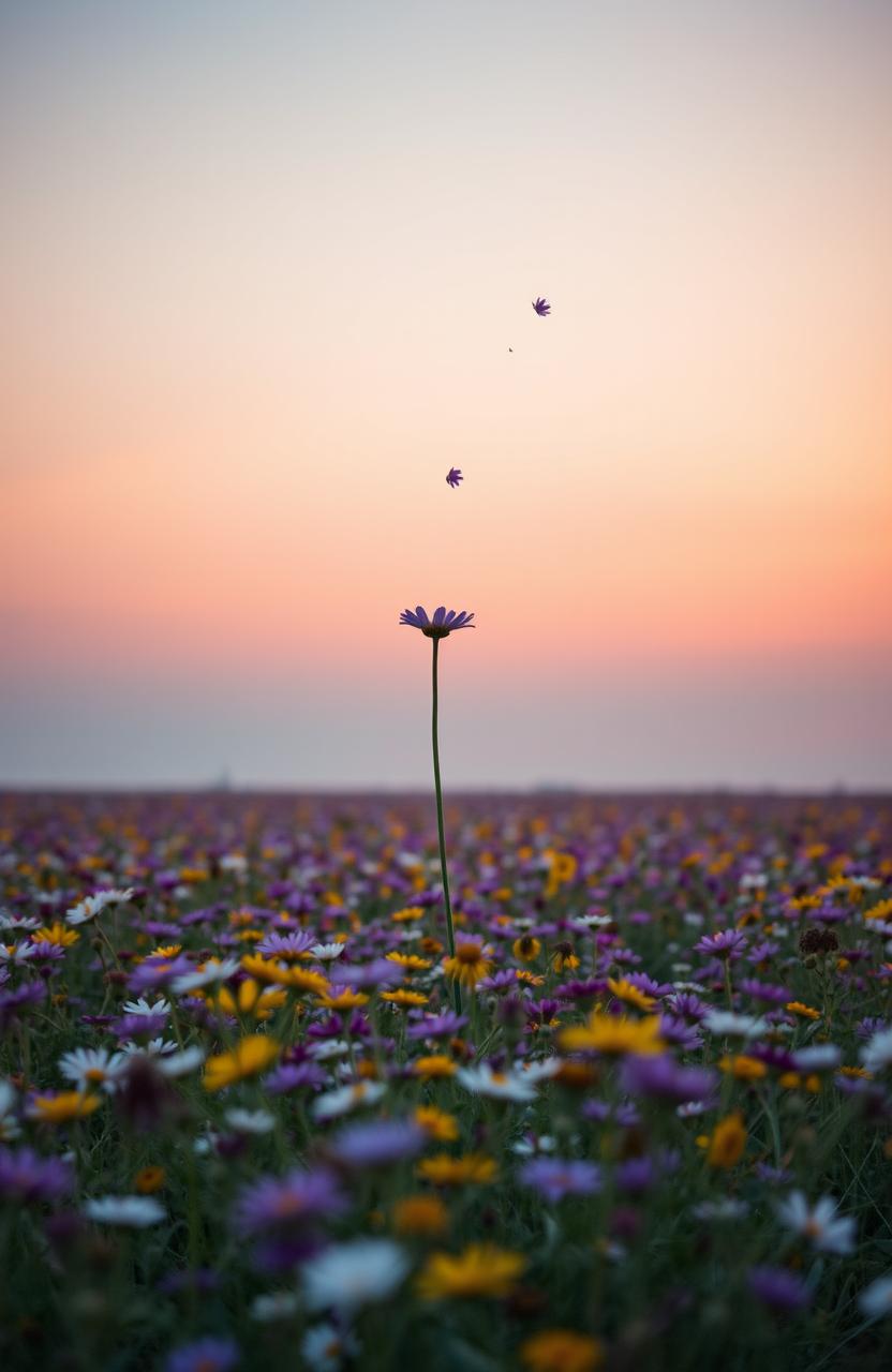A vast field of wildflowers in full bloom stretching endlessly towards a pastel sunset sky