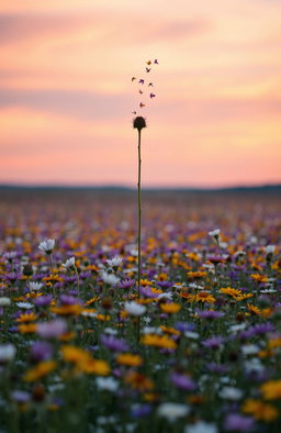 A vast field of wildflowers in full bloom stretching endlessly towards a pastel sunset sky