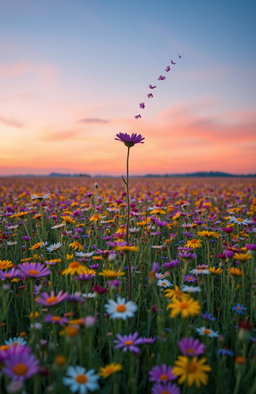 A vast field of wildflowers in full bloom stretching endlessly towards a pastel sunset sky