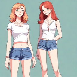 A high-resolution digital art piece showcasing a petite blonde woman in a tie-up crop top, shorts, and necklace standing next to a taller red-haired girl in casual wear