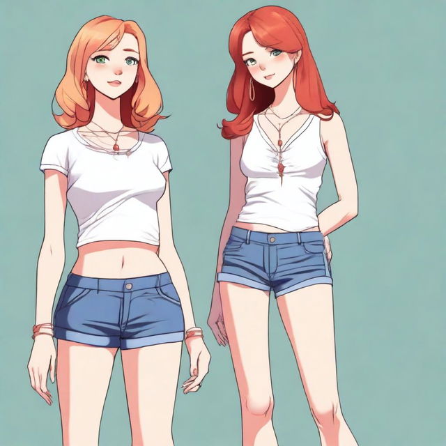 A high-resolution digital art piece showcasing a petite blonde woman in a tie-up crop top, shorts, and necklace standing next to a taller red-haired girl in casual wear