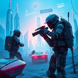 A captivating scene depicting a futuristic world filled with cybernetic bounty hunters