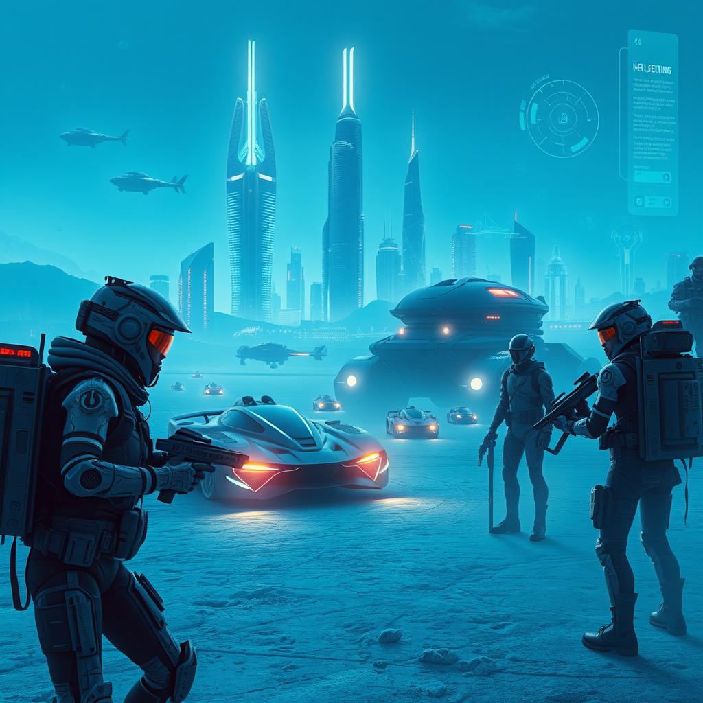 A captivating scene depicting a futuristic world filled with cybernetic bounty hunters