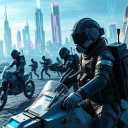 A captivating scene depicting a futuristic world filled with cybernetic bounty hunters