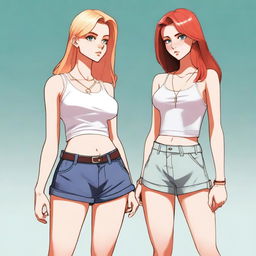 A high-resolution digital art piece showcasing a petite blonde woman in a tie-up crop top, shorts, and necklace standing next to a taller red-haired girl in casual wear