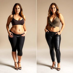 A full-length comparison of the same sexy woman before and after she gains 100 pounds