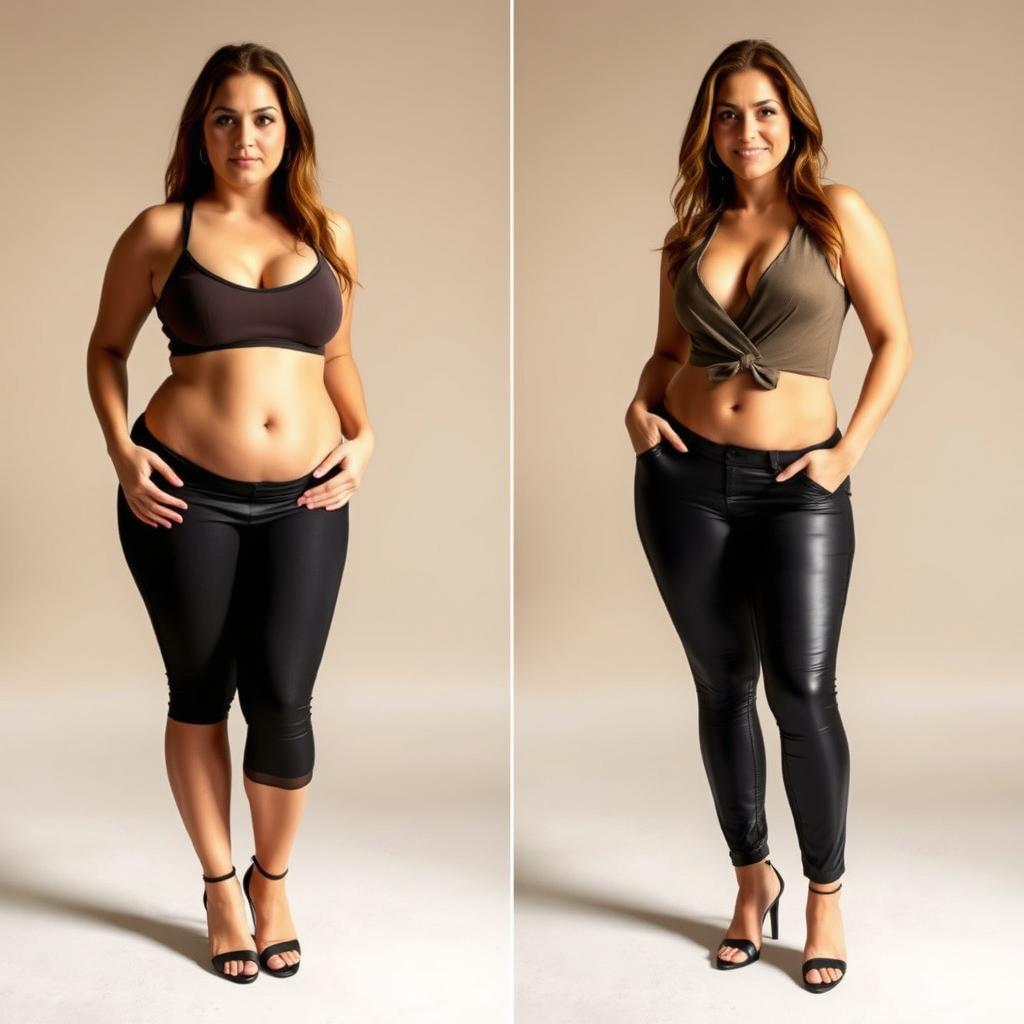 A full-length comparison of the same sexy woman before and after she gains 100 pounds