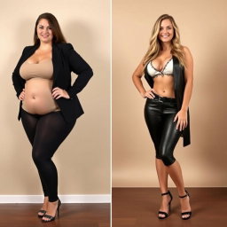 A full-length comparison of the same sexy woman before and after she gains 100 pounds