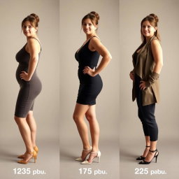 A series of full-length photos of the same sexy woman at three different weights: 125 pounds, 175 pounds, and 225 pounds
