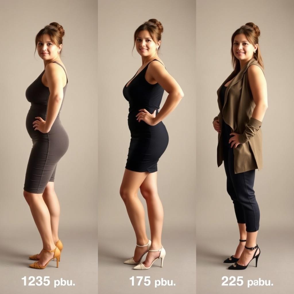 A series of full-length photos of the same sexy woman at three different weights: 125 pounds, 175 pounds, and 225 pounds