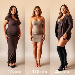 A series of full-length photos of the same sexy woman at three different weights: 125 pounds, 175 pounds, and 225 pounds