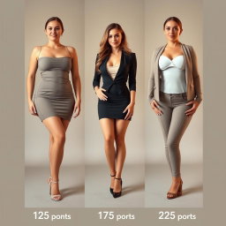 A series of full-length photos of the same sexy woman at three different weights: 125 pounds, 175 pounds, and 225 pounds