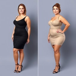 A series of full-length photos of the same sexy woman wearing the same stylish outfit across two different stages: before and after gaining weight