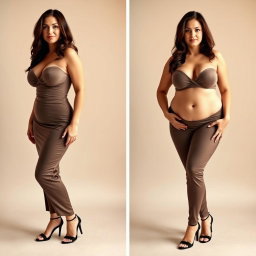 A series of full-length photos of the same sexy woman wearing the same stylish outfit across two different stages: before and after gaining weight