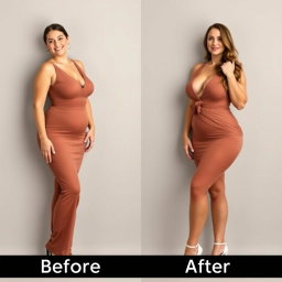 A series of full-length photos of the same sexy woman wearing the same stylish outfit across two different stages: before and after gaining weight