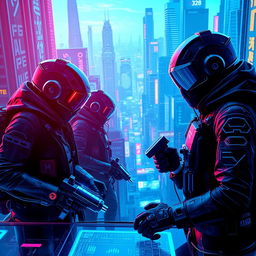 A thrilling depiction of a futuristic scene featuring hacker bounty hunters at work