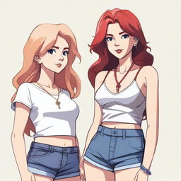 A high-resolution digital art piece showcasing a petite blonde woman in a tie-up crop top, shorts, and necklace standing next to a towering red-haired woman in casual wear