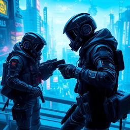 A thrilling depiction of a futuristic scene featuring hacker bounty hunters at work