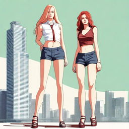 A high-resolution digital art piece showcasing a petite blonde woman in a tie-up crop top, shorts, and necklace standing next to a towering red-haired woman in casual wear